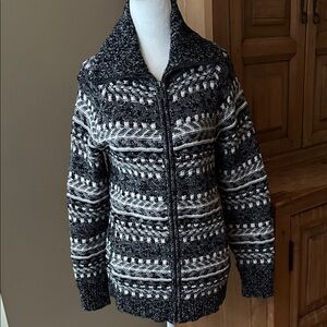 LLBean Nordic Stripe Black & Cream Full Zip-Up Cotton Knit Cardigan